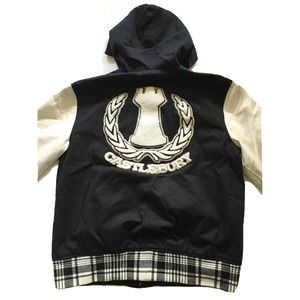 Castlebury Hooded Varsity Letter Jacket Coat Plaid Black 2XL Logo Patch